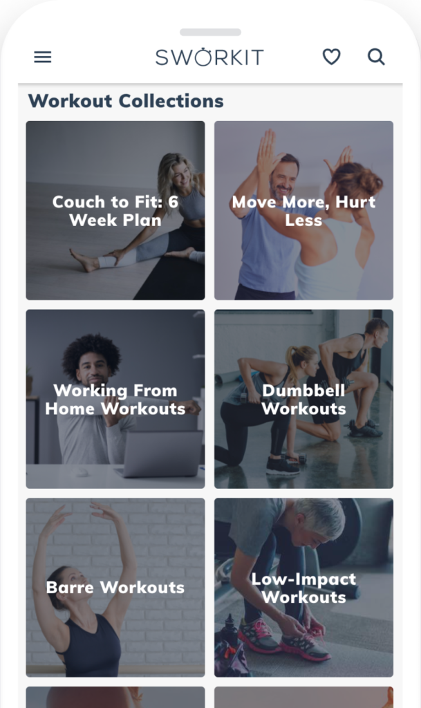 Screenshot of the Sworkit app showing workout collections including barre, HIIT, yoga, low-impact, and rehab/ physical therapy.