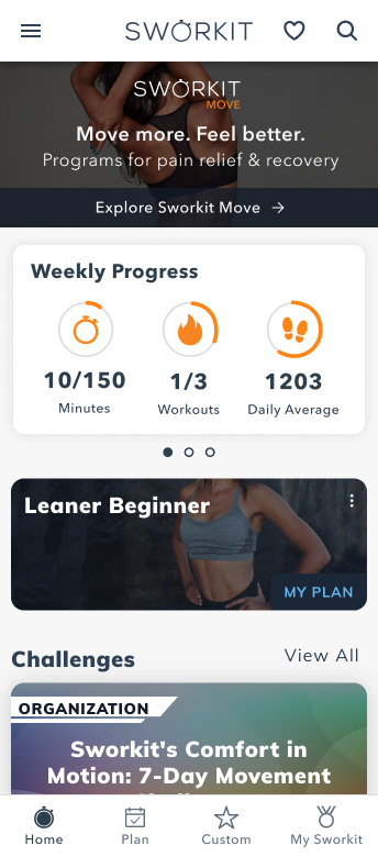Sworkit Move — home screen