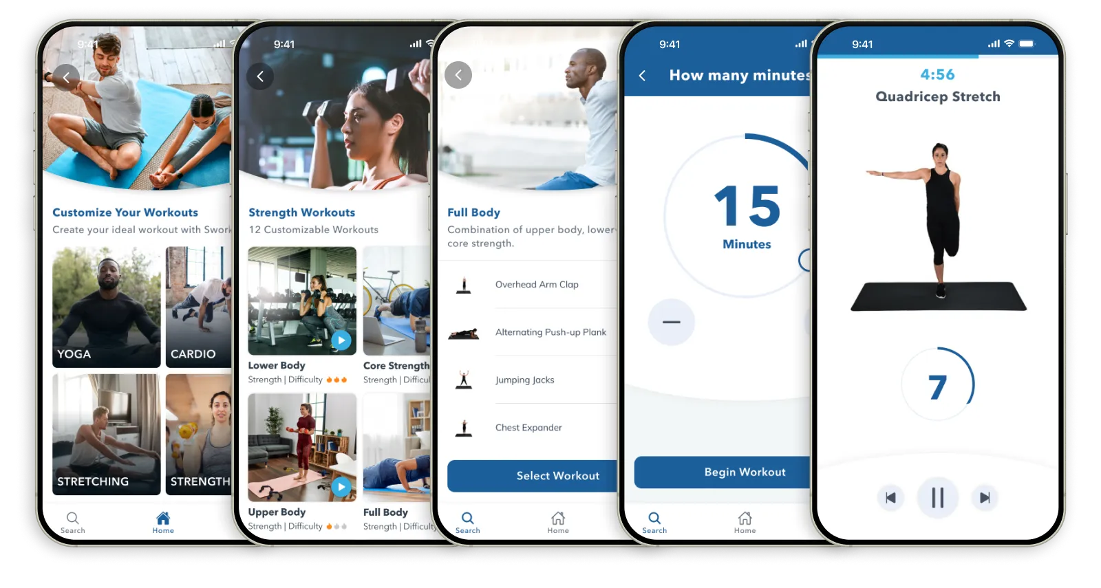 Sworkit app screens showing workout selection, timers, and exercise guidance