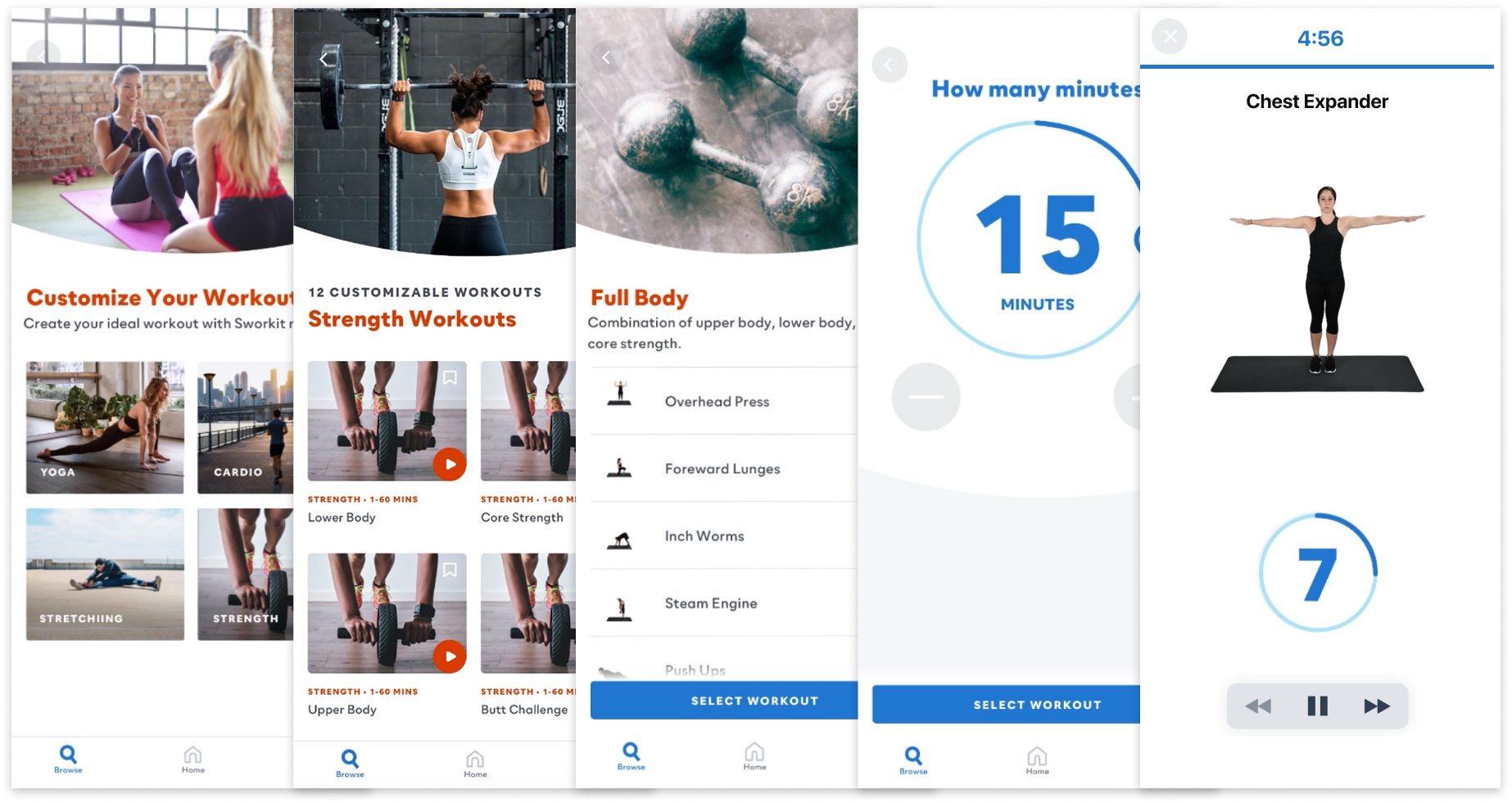 Sworkit app screens showing workout selection, timers, and exercise guidance